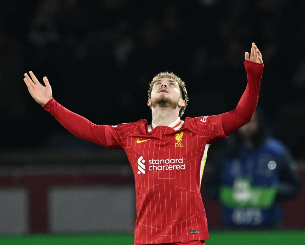 Harvey Elliott celebrates after scoring for Liverpool against PSG