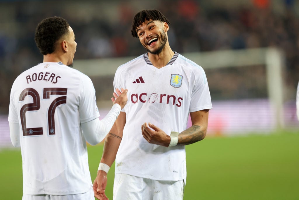 Aston Villa FC duo Morgan Rogers and Tyrone Mings in discussions during Club Brugge game
