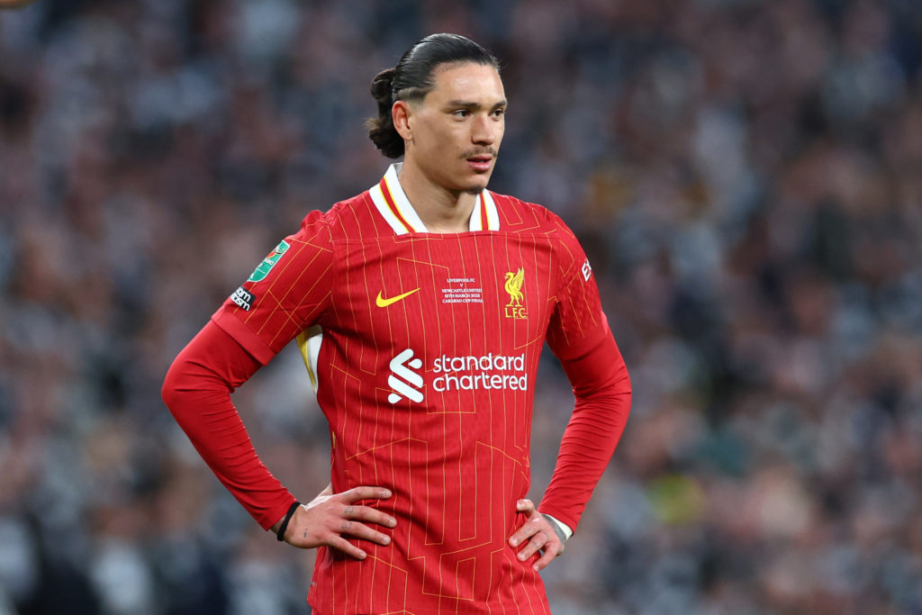 Darwin Nunez of Liverpool looks on during the Carabao Cup Final between Liverpool and Newcastle United at Wembley Stadium on March 16, 2025
