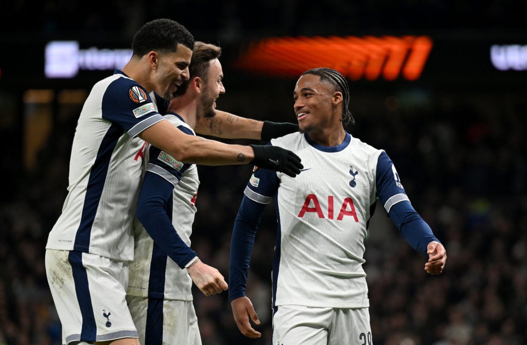 Wilson Odobert celebrates during Tottenham Hotspur vs AZ Alkmaar in the UEFA Europa League 2024/25 Round of 16 Second Leg