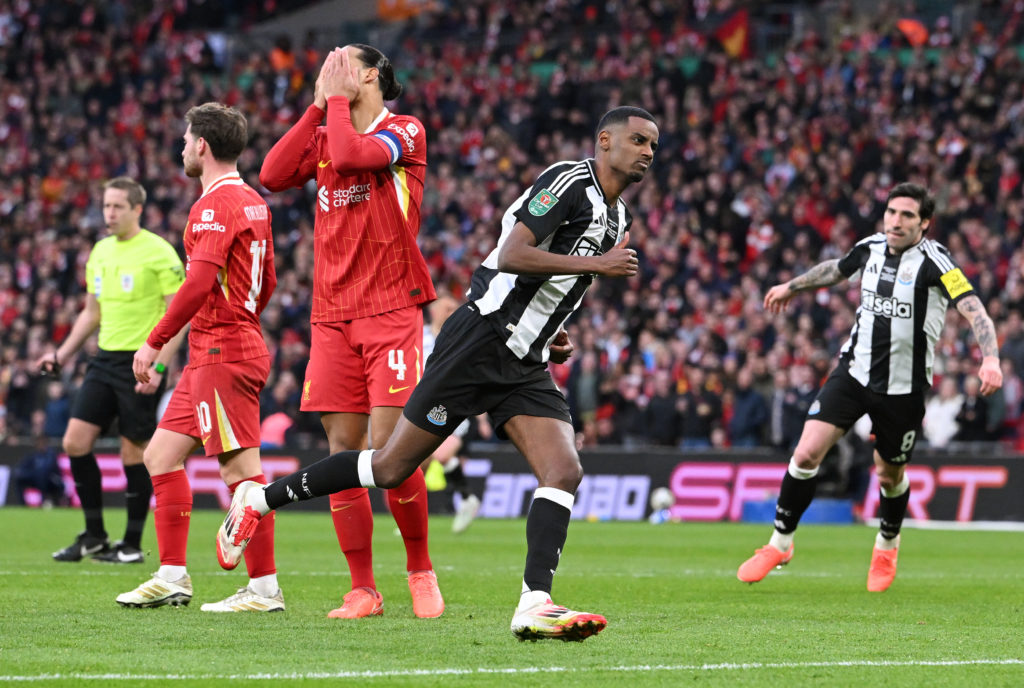Alexander Isak celebrates after scoring against Liverpool for Newcastle.