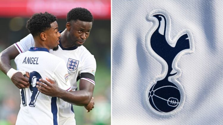 Split Image of Angel Gomes and Marc Guehi of England celebrate, and The Tottenham Hotspur club crest on their first team home shirt