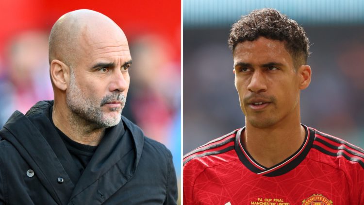 Split image of Pep Guardiola during the Premier League match, and Raphael Varane of Manchester United in action