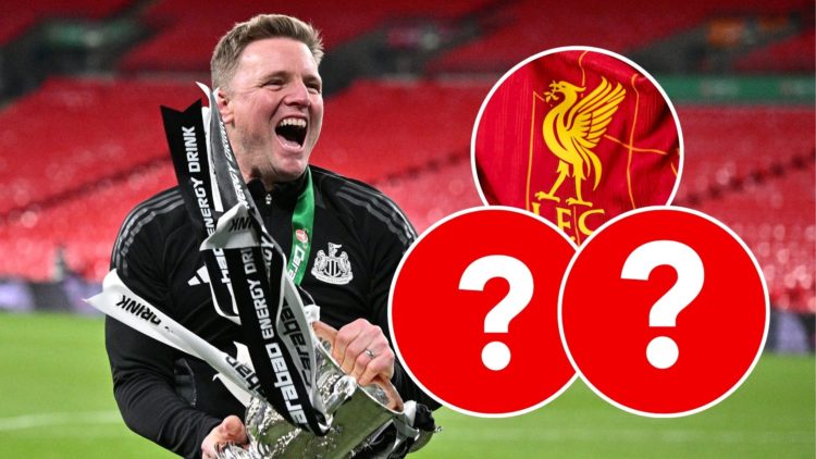 Image of Newcastle United Manager Eddie Howe with three inset images of the Liverpool badge and question marks