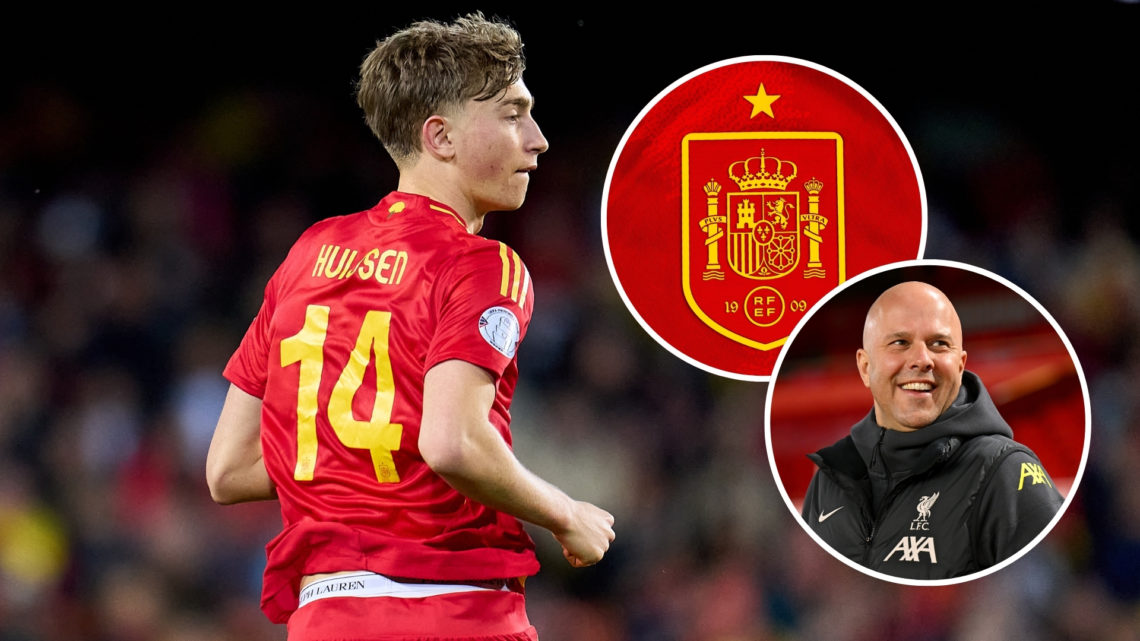 Dean Huijsen vs. Netherlands, with an inset of Arne Slot smiling and another inset of the Spain badge.