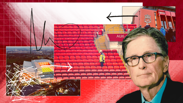 Illustration image of Anfield and Liverpool owner John Henry, with illustrations to suggests architectural blueprints