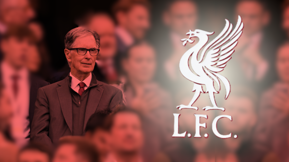 A blurred image of John Henry in the crowd at Anfield, with a superimposed Liverpool badge