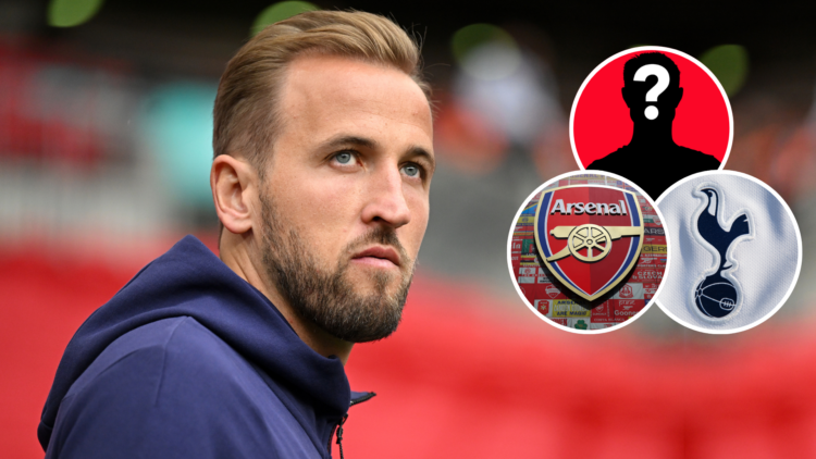 Bayern Munich forward Harry Kane. Insets of Tottenham badge, Arsenal badge and mystery player.