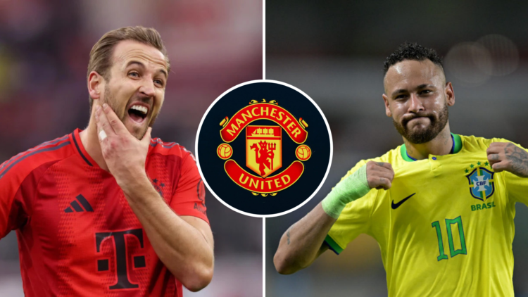 Split image of (L) Harry Kane during a game for Bayern Munich and Neymar celebrating while playing for Brazil with a central inset of the Mancheste...