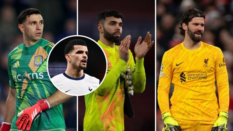 Emiliano Martinez, David Raya and Alisson Becker, inset of Dominic Solanke