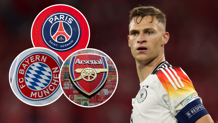 Joshua Kimmich of Germany looks on during the UEFA EURO 2024 round of 16 match between Germany and Denmark. Insets of Arsenal badge, Bayern Munich ...