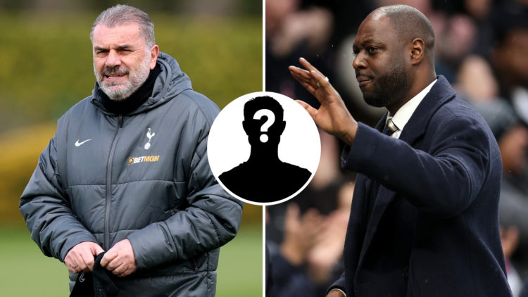 Split image of Postecoglou (left) and Ledley King (right), with a mystery player silhouette inset in the centre.