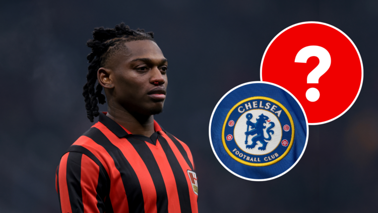 AC Milan forward Rafael Leao. Inset of Chelsea badge and question mark.