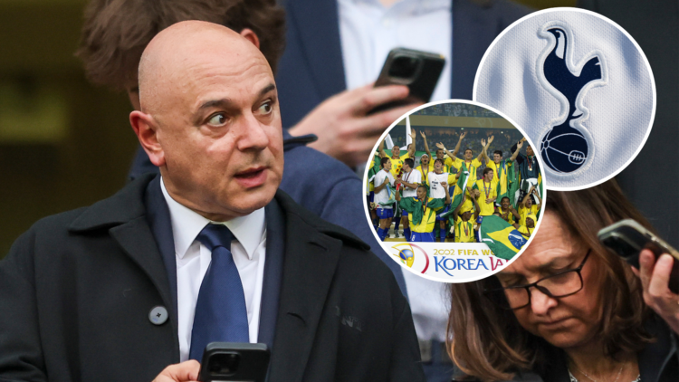 Tottenham chairman Daniel Levy. Insets of Tottenham badge and Brazil's World Cup winning team from 2002.