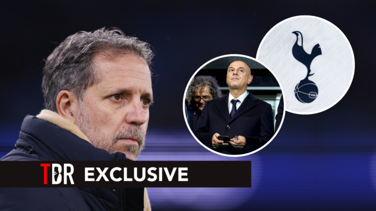 Fabio Paratici, managing director, football at Tottenham Hotspur. Insets of Daniel Levy and Tottenham badge.