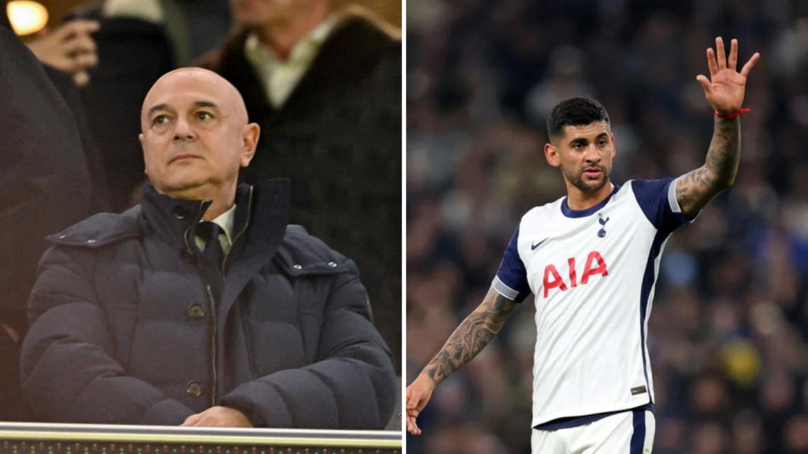 A split image of (L) Tottenham chairman Daniel Levy looking on next to (R) Cristian Romero during a Spurs game