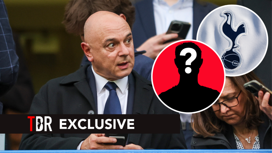 Tottenham Hotspur chairman Daniel Levy. Insets of Tottenham badge and mystery player.