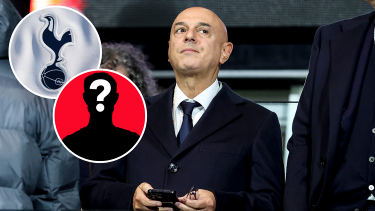 Tottenham Hotspur chairman Daniel Levy. Insets of Tottenham badge and mystery manager.