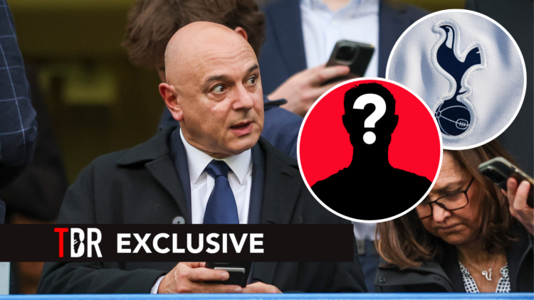 Tottenham Hotspur chairman Daniel Levy. Insets of Tottenham badge and mystery player.