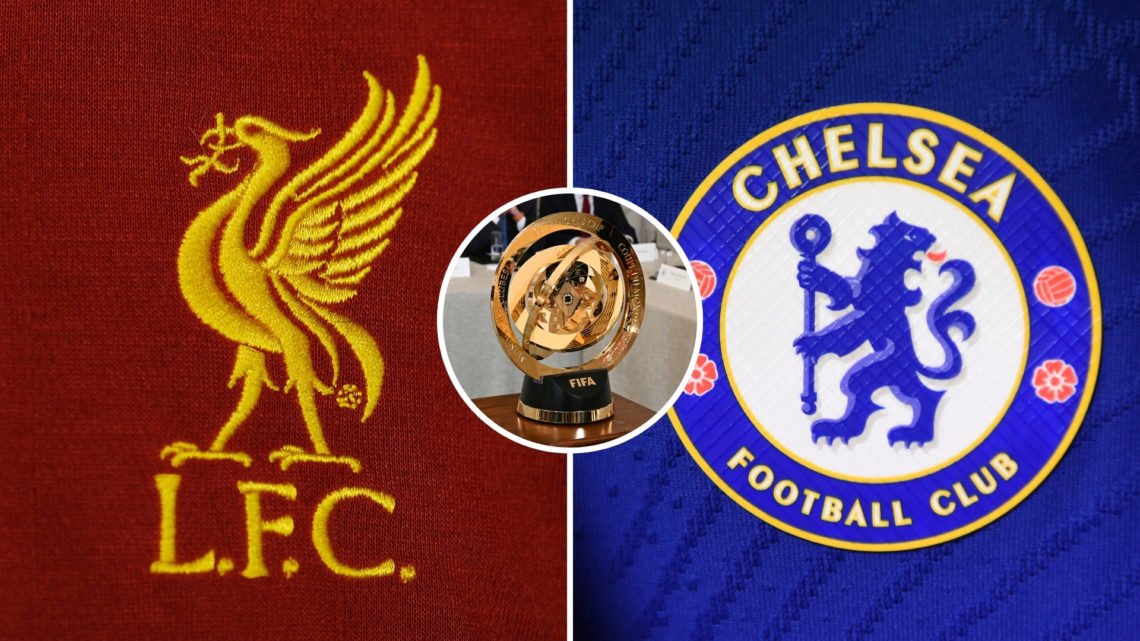 A split image featuring the Liverpool and Chelsea badges, with the FIFA Club World Cup trophy placed centrally in a circular inset.