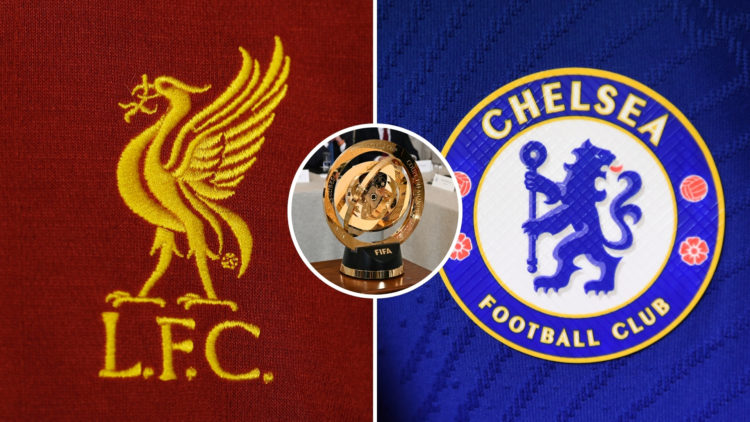 A split image featuring the Liverpool and Chelsea badges, with the FIFA Club World Cup trophy placed centrally in a circular inset.