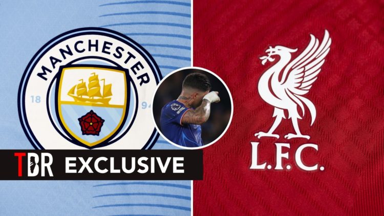Split image of the Liverpool and Manchester City badges. Inset, a Chelsea player looks dejected.