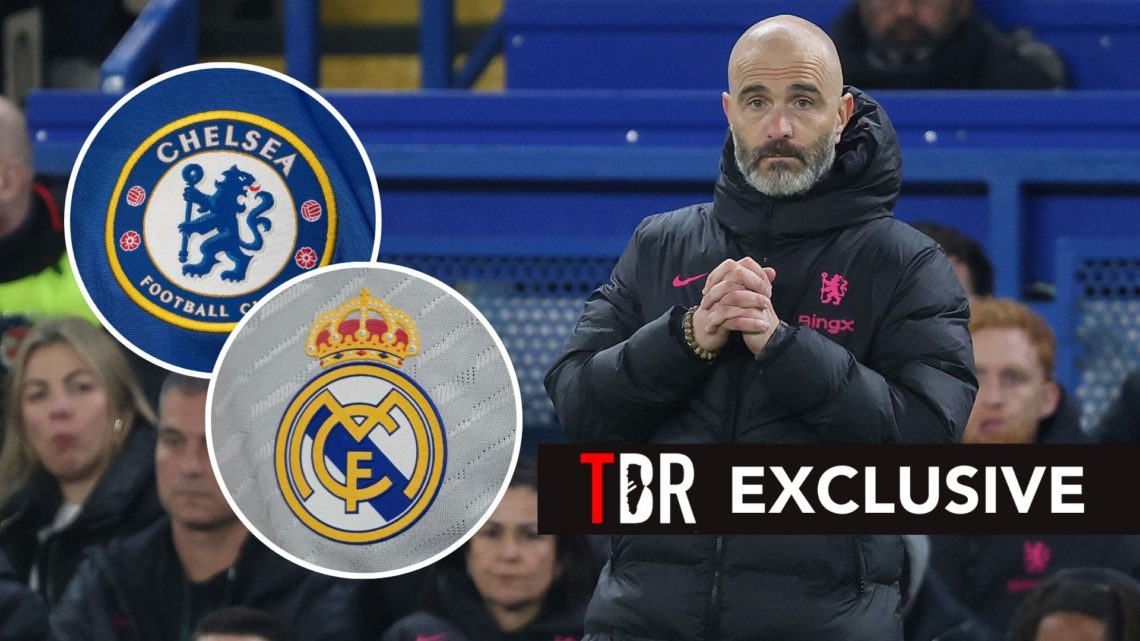 Image of Enzo Maresca with two insets of the Chelsea and Real Madrid crest