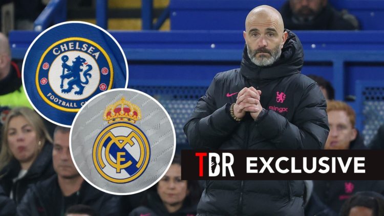 Image of Enzo Maresca with two insets of the Chelsea and Real Madrid crest
