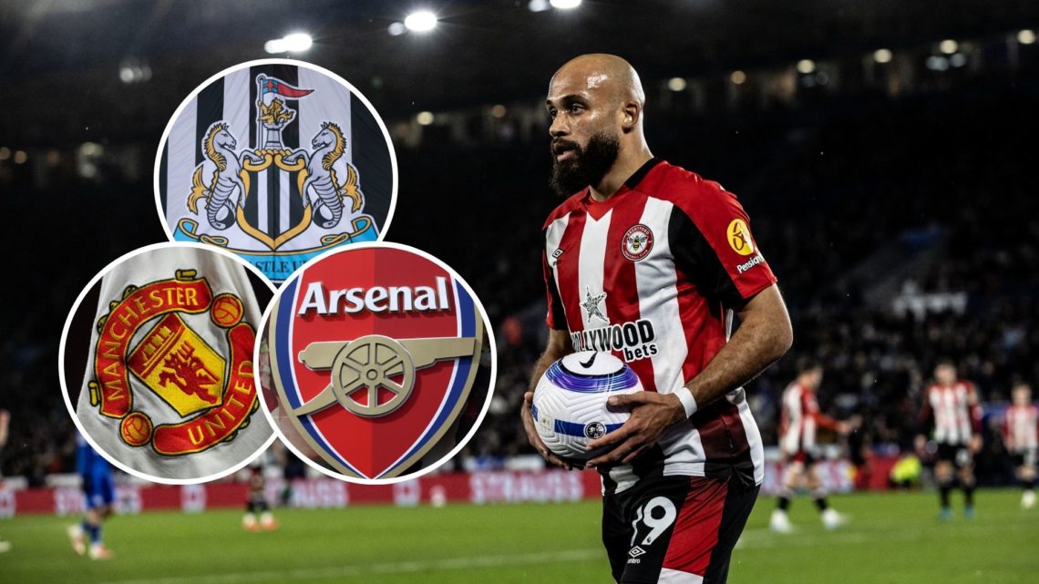 An image of Bryan Mbeumo against Leicester City in the Premier League with three insets of the Newcastle United, Manchester United and Arsenal Badge.