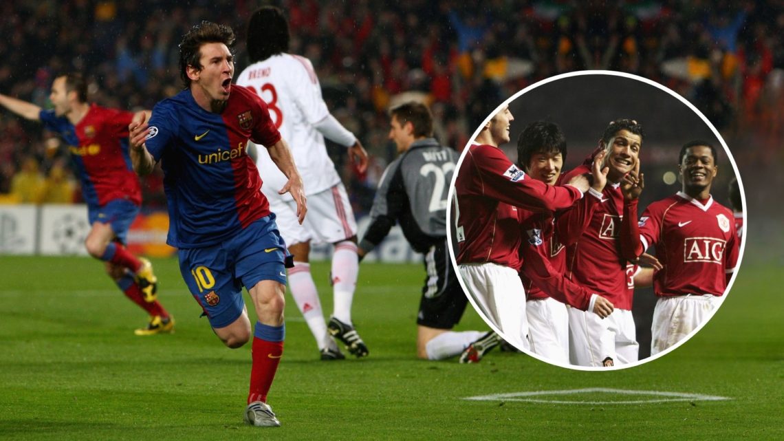 Lionel Messi of Barcelona celebrates his goal during the UEFA Champions League quarter final first leg match. Inset, Cristiano Ronaldo of Mancheste...
