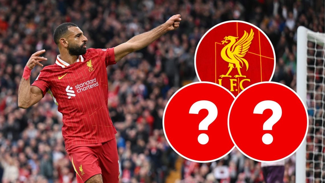 Mohamed Salah of Liverpool celebrates scoring his team's second goal during the Premier League match between Liverpool FC and Brentford FC. Inset, ...