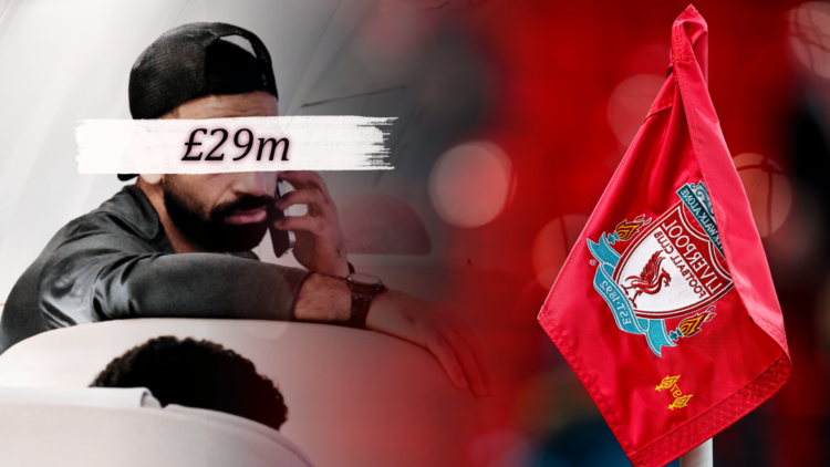 Mohamed Salah speaks on the phone, with an overlaid image of the Liverpool badge on a corner flag, with '£29m' wordage