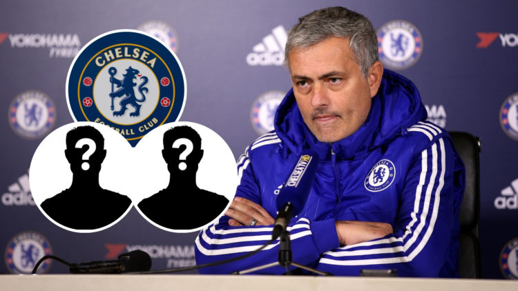 Image of Jose Mourinho as Chelsea manager answering questions from the media during a press conference with inset images of two mystery players and...