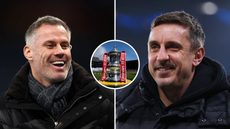 Split image of Gary Neville and Jamie Carragher with an inset of the FA Cup