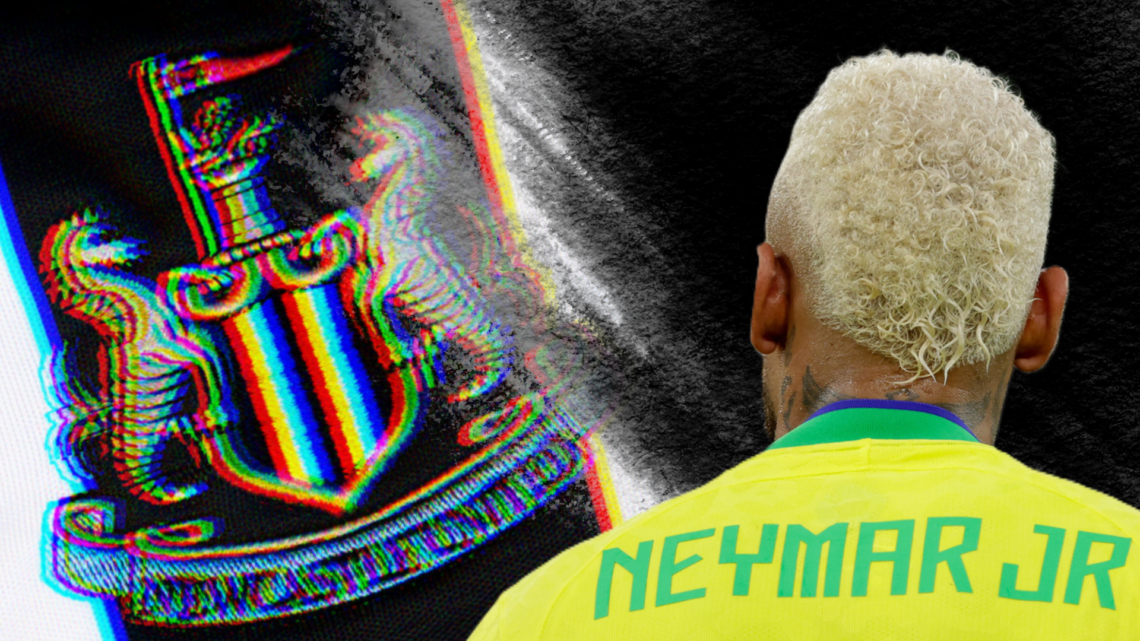 Composite image of Neymar Jr with his back to the camera and the Newcastle United badge