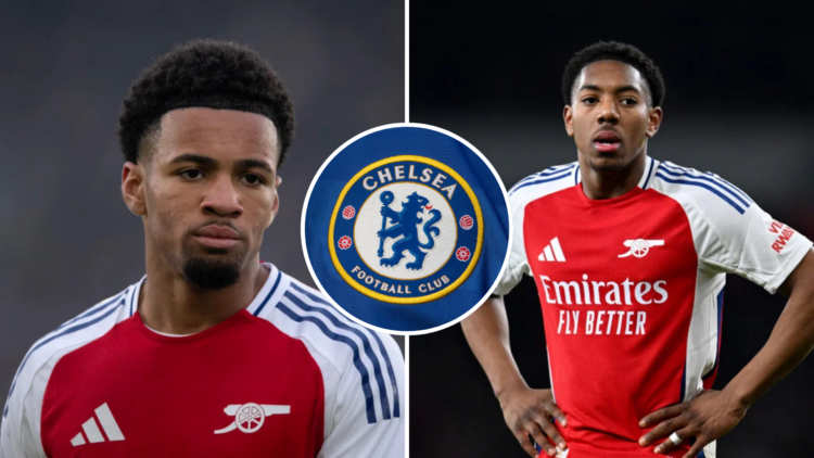 Splut image of (L) Ethan Nwaneri playing for Arsenal alongside (R) Myles Lewis-Skelly playing for Arsenal. A central inset of the Chelsea club badge.