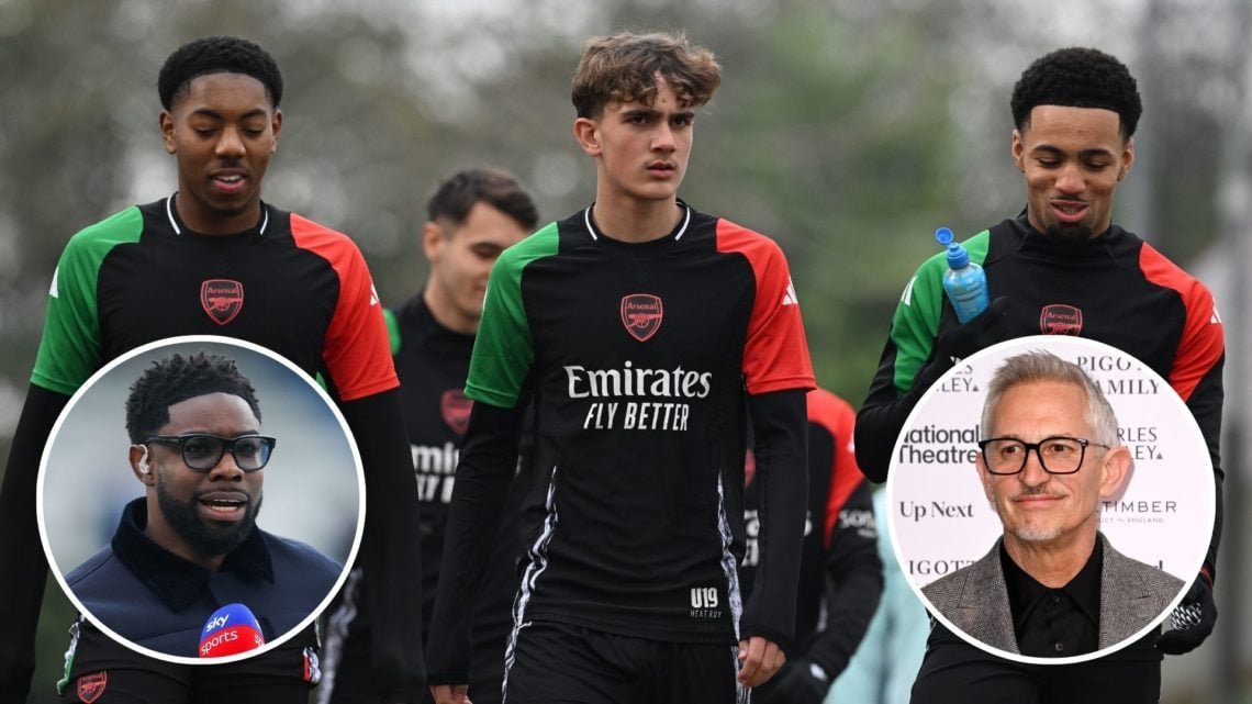 Myles Lewis-Skelly, Max Dowman and Ethan Nwaneri of Arsenal walk out to the pitches before the UEFA Champions League 2024/25 League Phase MD7 train...