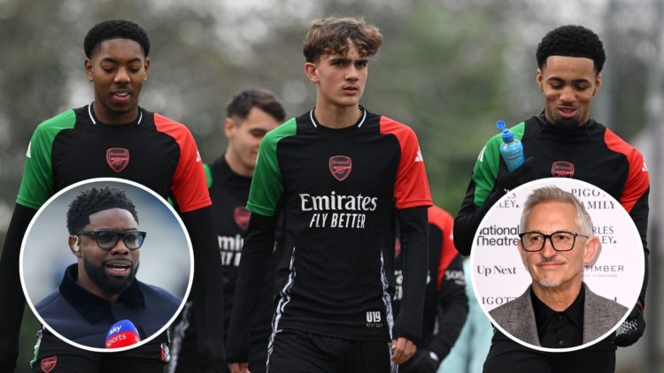 Myles Lewis-Skelly, Max Dowman and Ethan Nwaneri of Arsenal walk out to the pitches before the UEFA Champions League 2024/25 League Phase MD7 train...