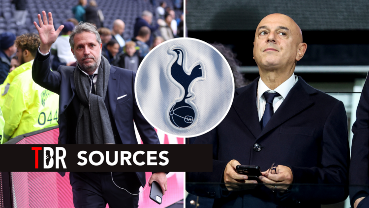 Split image of Fabio Partici and Tottenham chairman Daniel Levy. Inset of Tottenham badge.