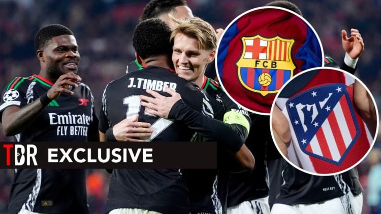 Martin Odegaard of Arsenal celebrates 1-4 with Thomas Partey of Arsenal, Jurrien Timber of Arsenal, Gabriel of Arsenal during the UEFA Champions Le...
