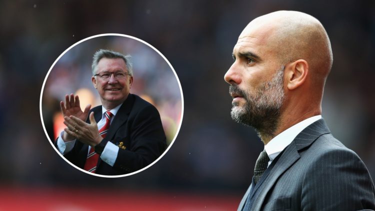 Pep Guardiola looks on. Inset, Sir Alex Ferguson.