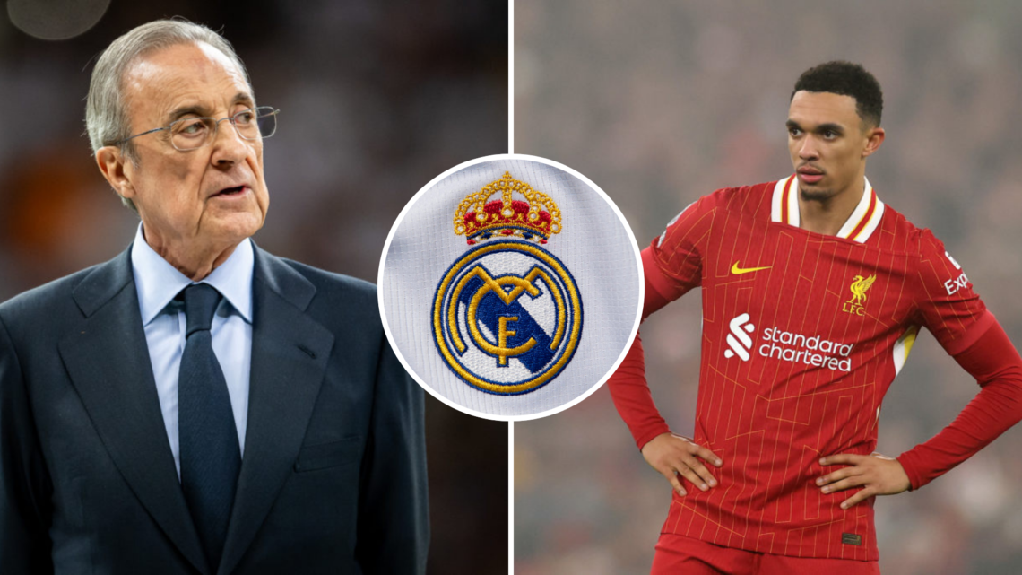 Split image of (L) Real Madrid president Florentino Perez looking ahead and (R) Liverpool defender Trent Alexander-Arnold with his hands on his hip...