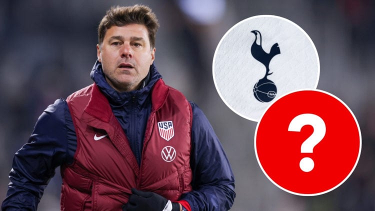 United States head coach Mauricio Pochettino along the sidelines, with two insets featuring the Tottenham Hotspur badge and a question mark.