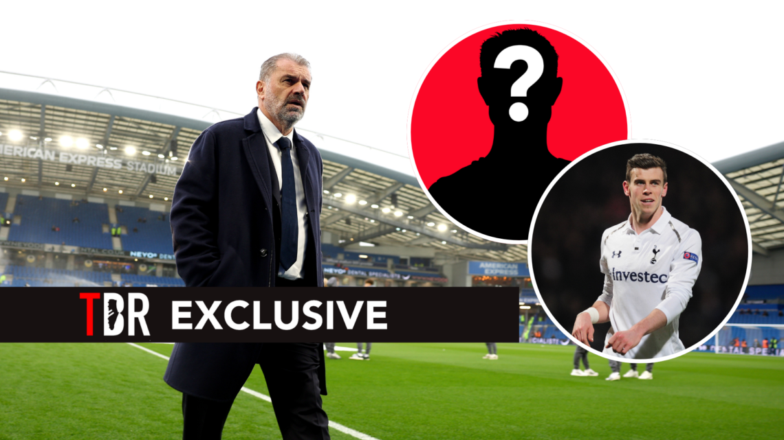 Ange Postecoglou, Manager of Tottenham Hotspur. Inset of Gareth Bale and mystery player.
