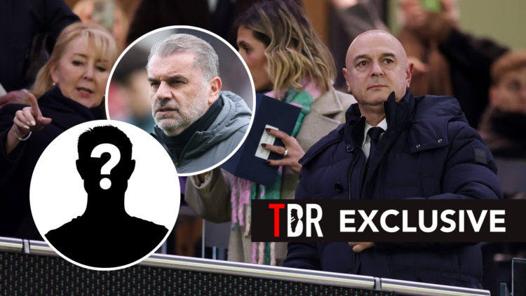 TBR Exclusive: Daniel Levy looking on disappointed, with two insets featuring Ange Postecoglou and a mystery player silhouette.