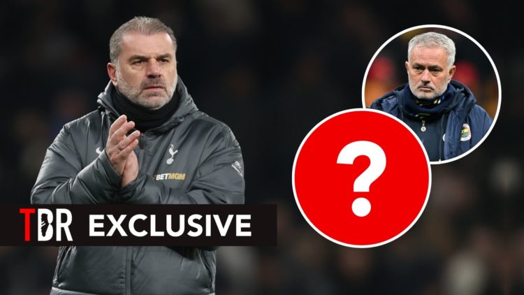 Tottenham Hotspur manager Ange Postecoglou applauds the fans at the final whistle. Inset, a question mark and Jose Mourinho.