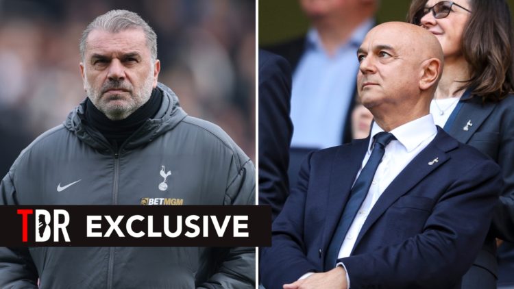 Split image of Ange Postecoglou during a Premier League match (left) and Daniel Levy during a Premier League match (right).