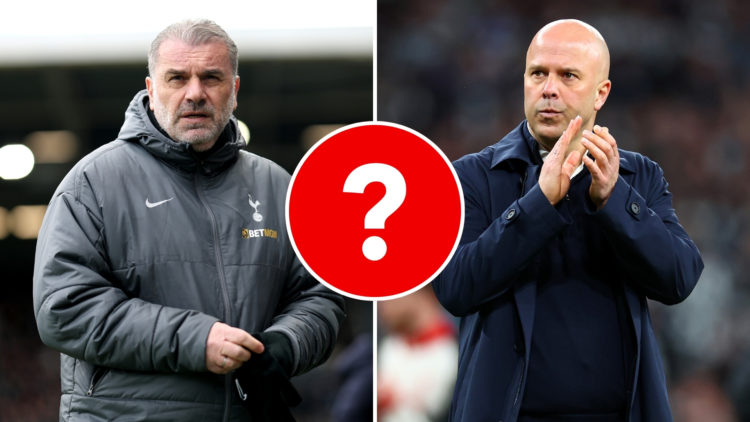 Split image of Ange Postecoglou (left) and Arne Slot (right), with a central inset featuring a question mark.