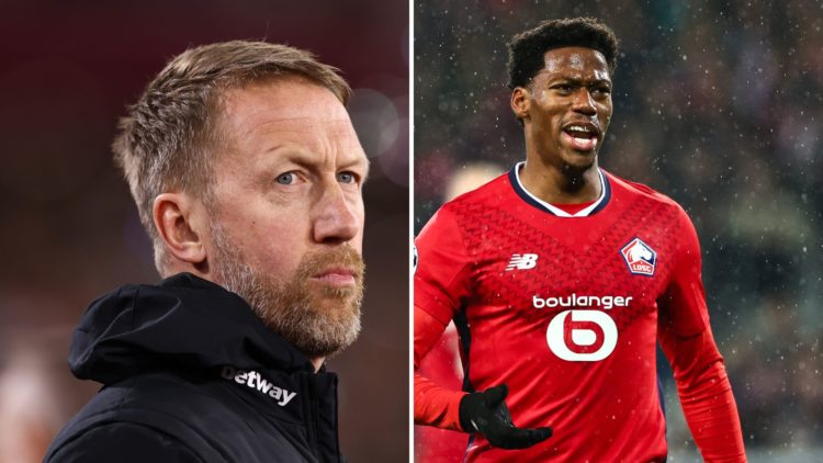 Split Image of West Ham United manager Graham Potter during the Premier League match, and Lille's Canadian forward #09 Jonathan David reacts during...