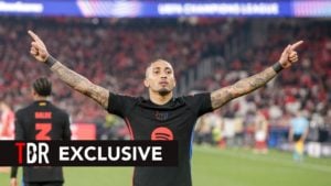 Raphinha of Barcelona celebrates after scoring a goal (0-1) during the UEFA 2024/25 UEFA Champions League Round of 16 first Leg match between SL Benfica and FC Barcelona at Estadio da Luz on March 5, 2025 in Lisbon, Portugal.